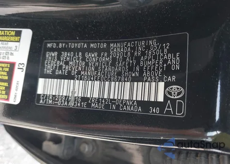 2012 Toyota Corolla Le из США, поврежденный, VIN 2T1BU4EE0CC867840